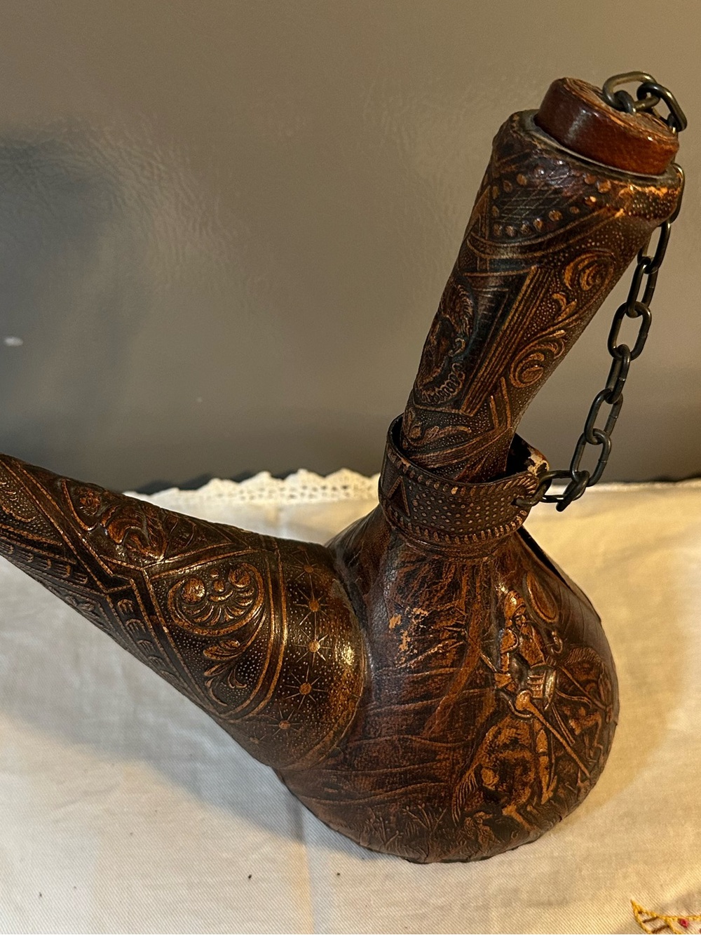 Vintage Spanish Style Tooled Leather Wine Decanter Embossed Knight Figure Decor